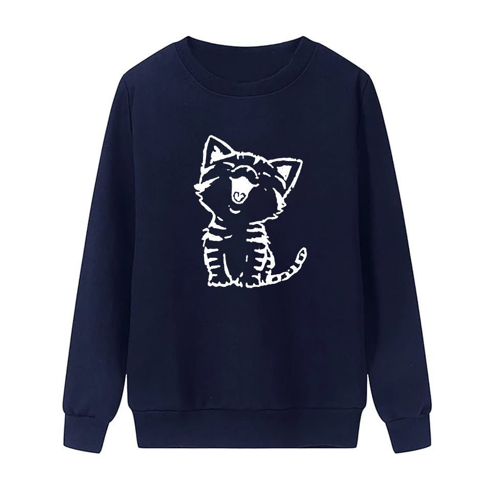 Cat Printed Fleece Full Sleeves Pull Over Sweatshirt For Women - DENIMS - Hoodies & Sweatshirts - 