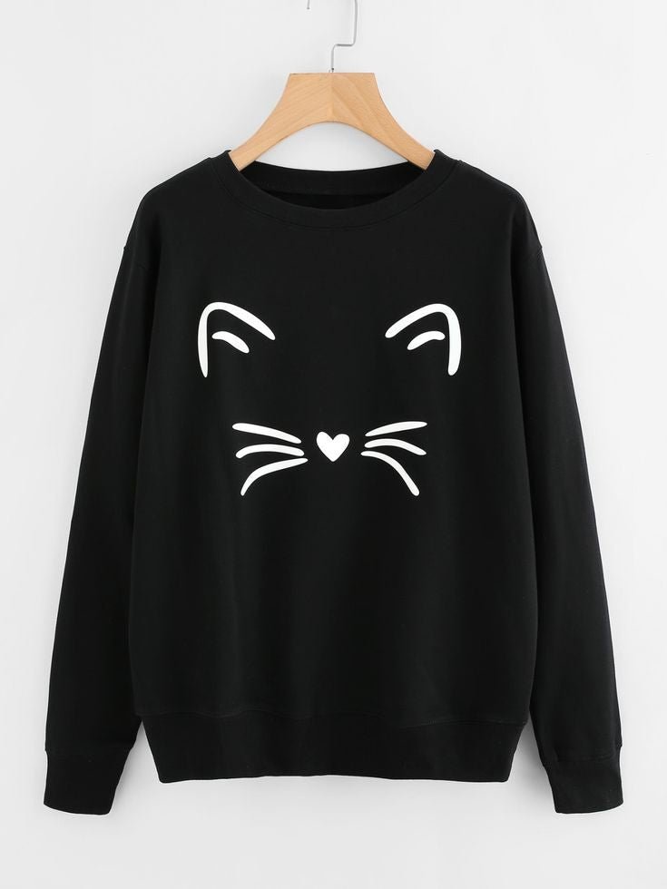 Cat Printed Fleece Full Sleeves Pull Over Sweatshirt For Women - DENIMS - Hoodies & Sweatshirts - 