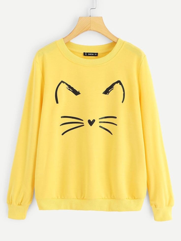 Cat Printed Fleece Full Sleeves Pull Over Sweatshirt For Women - DENIMS - Hoodies & Sweatshirts - 