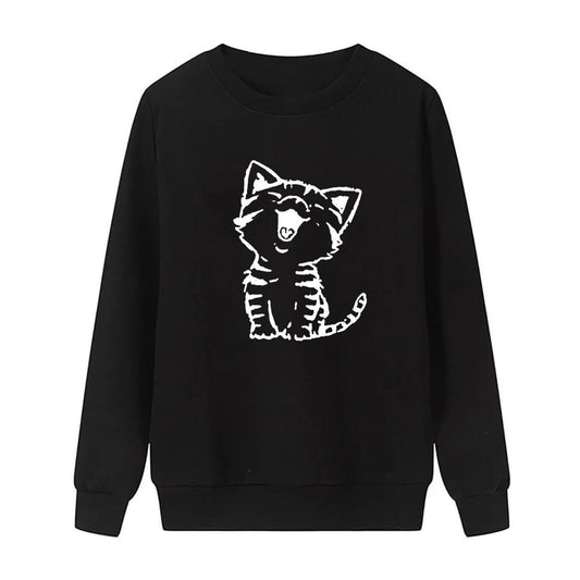 Cat Printed Fleece Full Sleeves Pull Over Sweatshirt For Women - DENIMS - Hoodies & Sweatshirts - 
