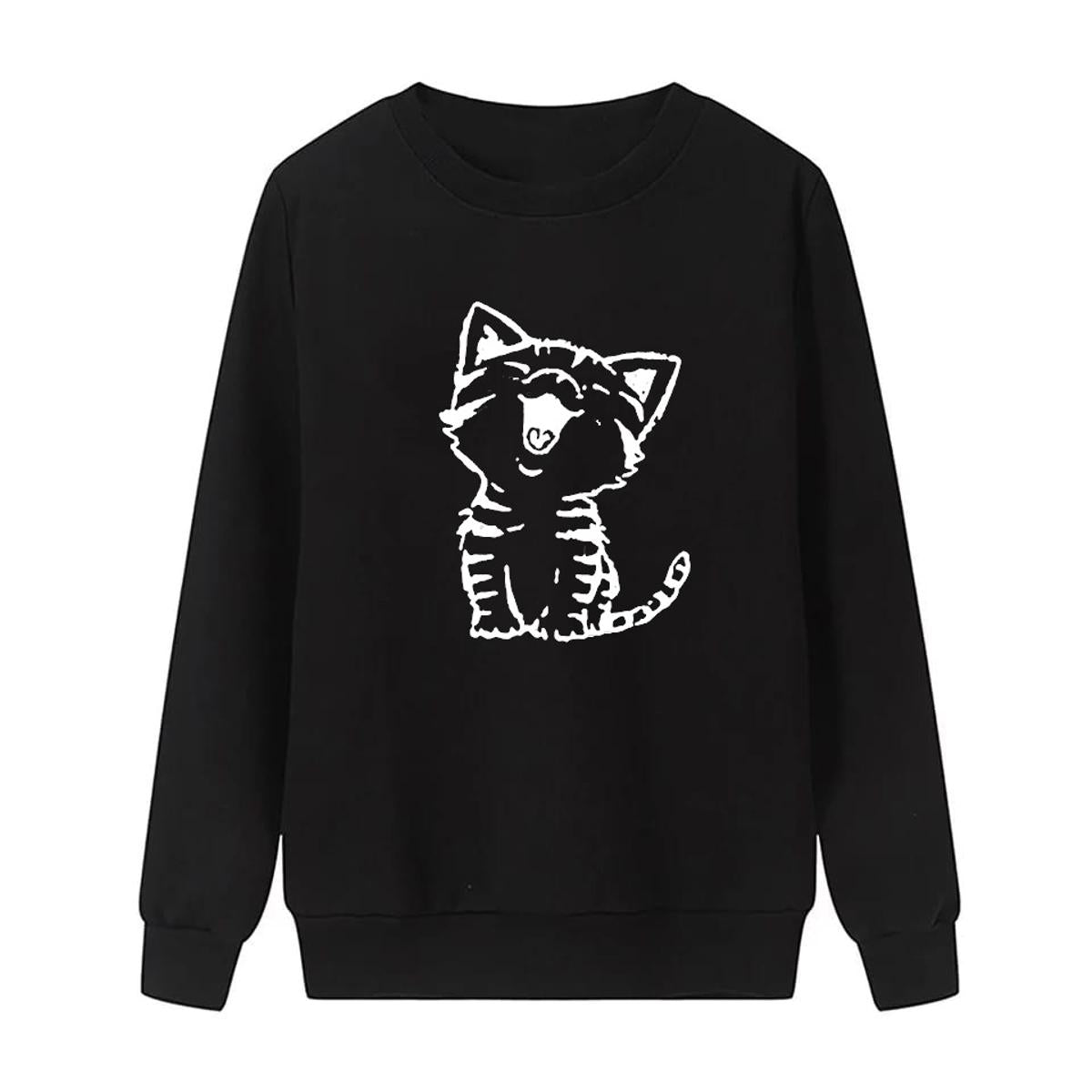 Cat Printed Fleece Full Sleeves Pull Over Sweatshirt For Women - DENIMS - Hoodies & Sweatshirts - 