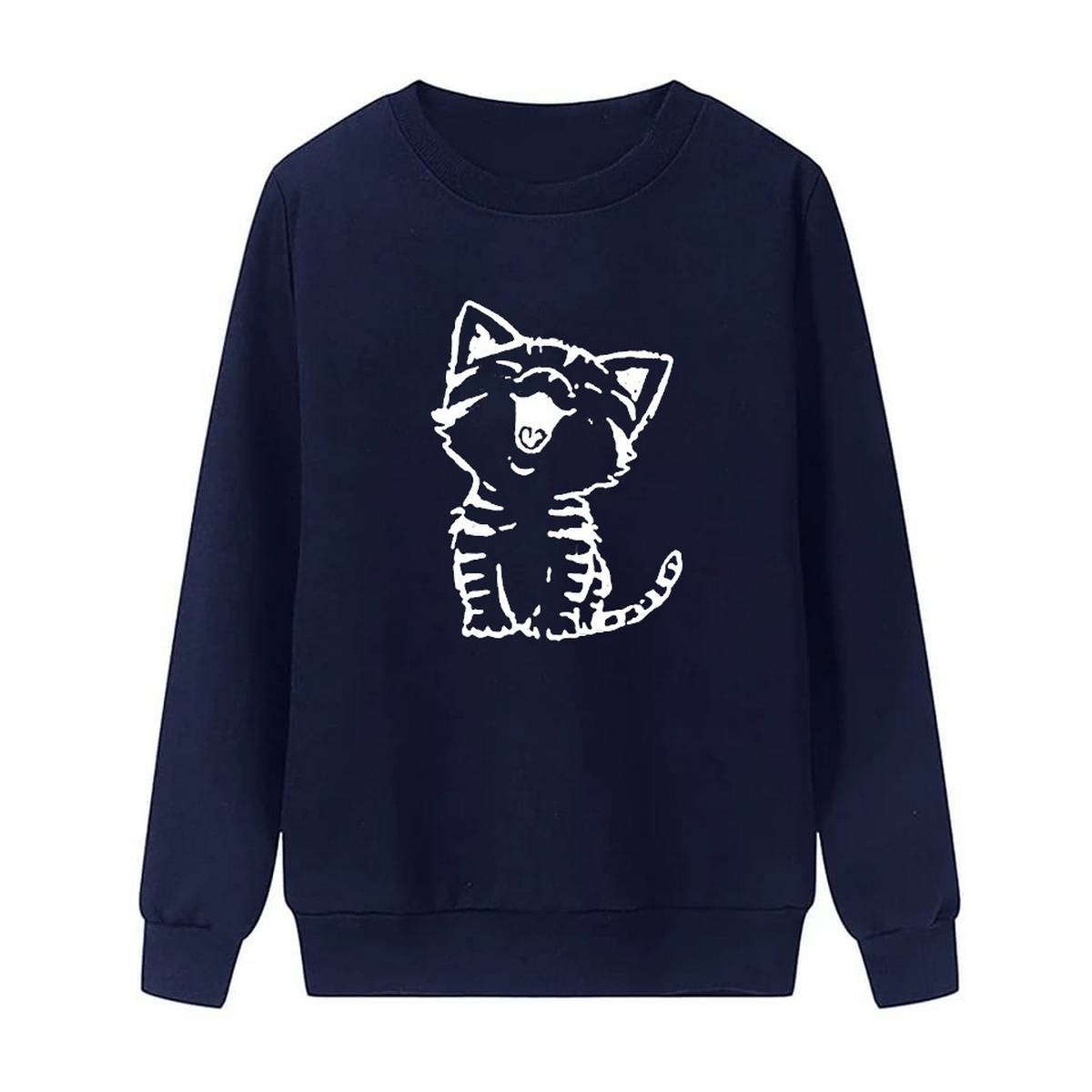Cat Printed Fleece Full Sleeves Pull Over Sweatshirt For Women - DENIMS - Hoodies & Sweatshirts - 