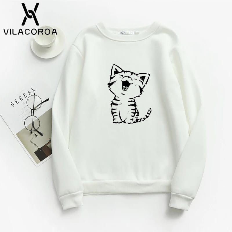 Cat Printed Fleece Full Sleeves Pull Over Sweatshirt For Women - DENIMS - Hoodies & Sweatshirts - 