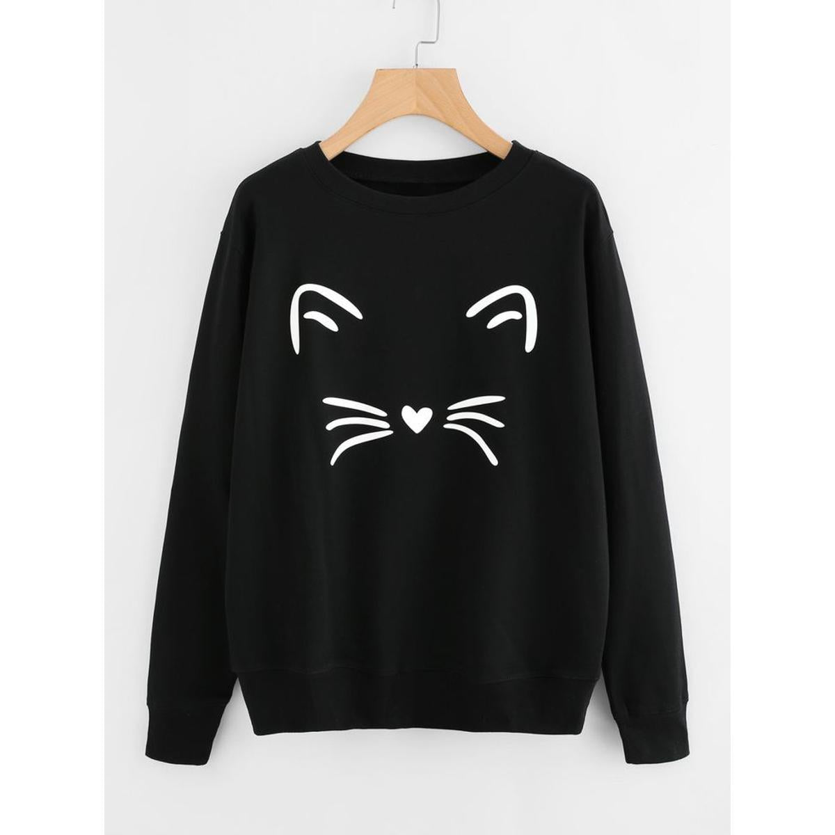 Cat Printed Fleece Full Sleeves Pull Over Sweatshirt For Women - DENIMS - Hoodies & Sweatshirts - 