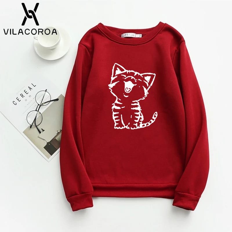 Cat Printed Fleece Full Sleeves Pull Over Sweatshirt For Women - DENIMS - Hoodies & Sweatshirts - 