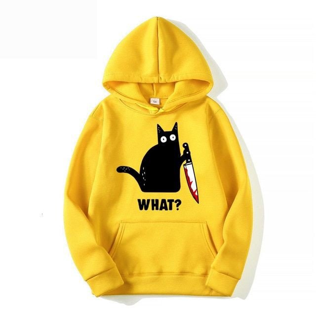Cat What Printed Fleece Full Sleeves Pull Over Hoodie For Women - DENIMS - Hoodies & Sweatshirts - 