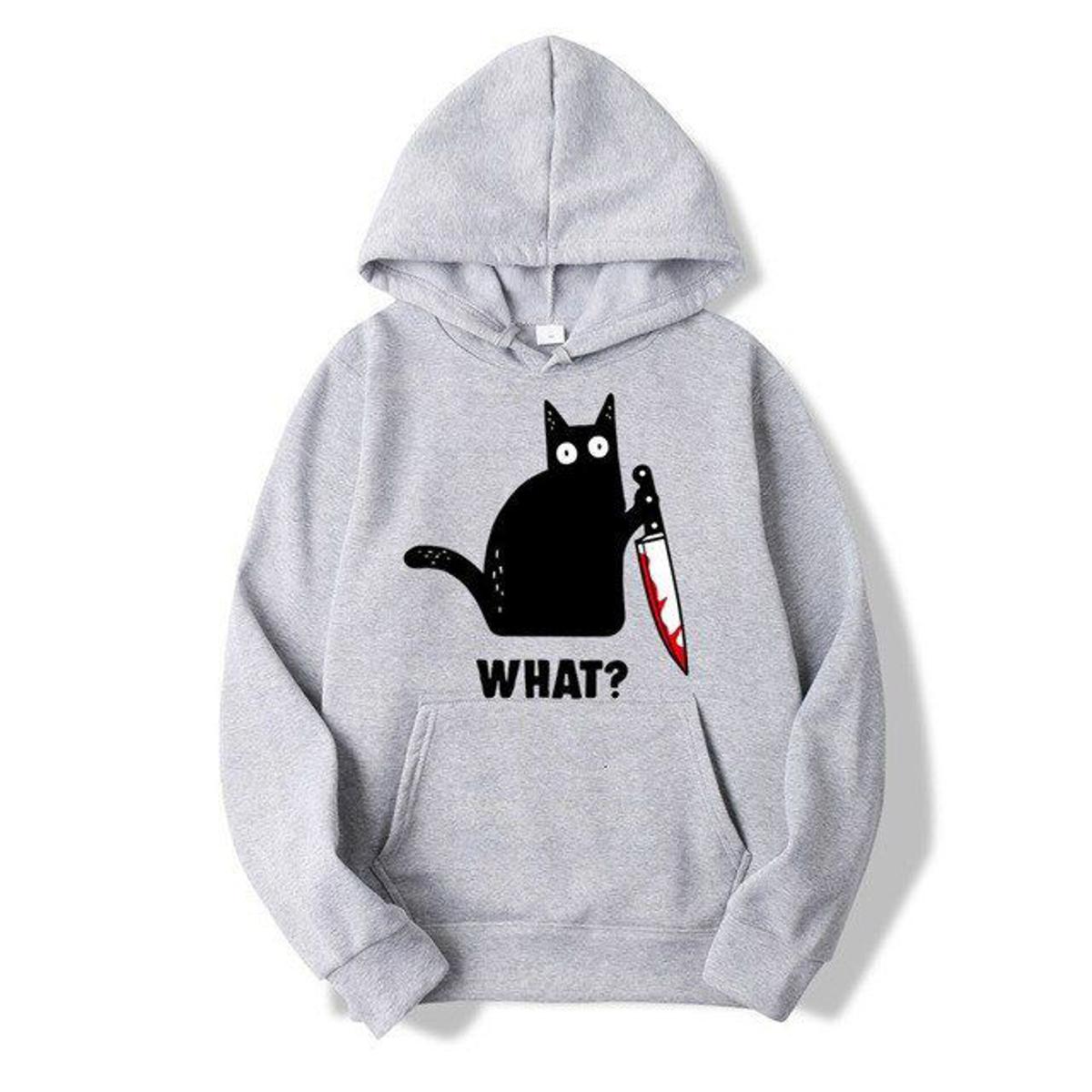 Cat What Printed Fleece Full Sleeves Pull Over Hoodie For Women - DENIMS - Hoodies & Sweatshirts - 
