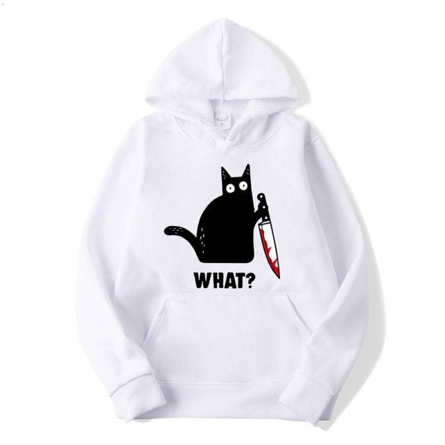 Cat What Printed Fleece Full Sleeves Pull Over Hoodie For Women - DENIMS - Hoodies & Sweatshirts - 