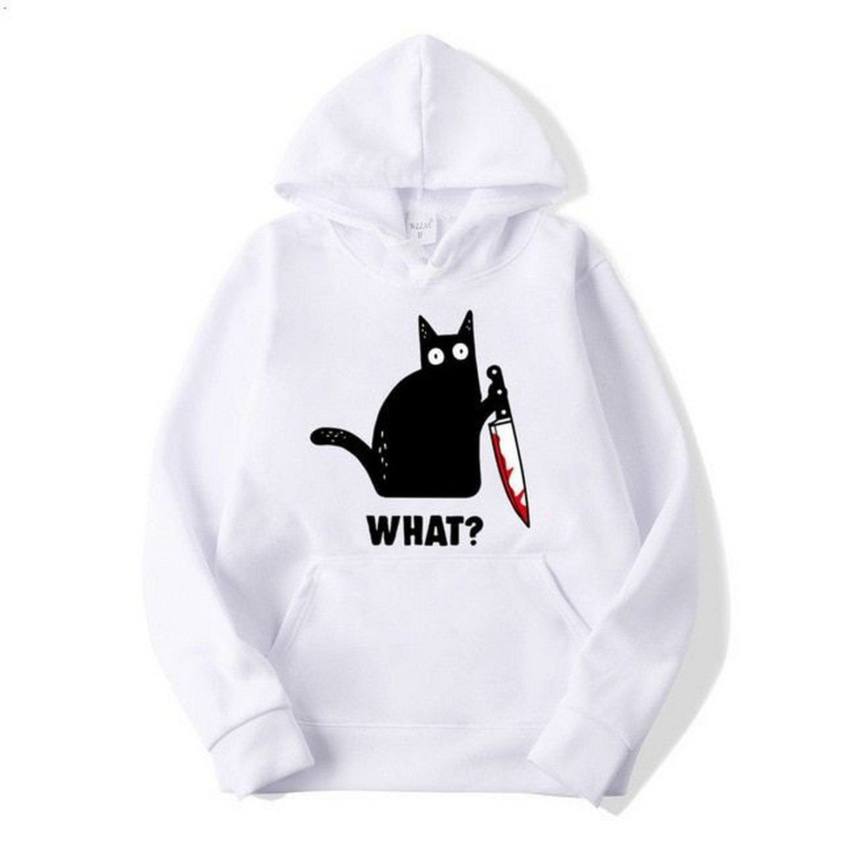 Cat What Printed Fleece Full Sleeves Pull Over Hoodie For Women - DENIMS - Hoodies & Sweatshirts - 
