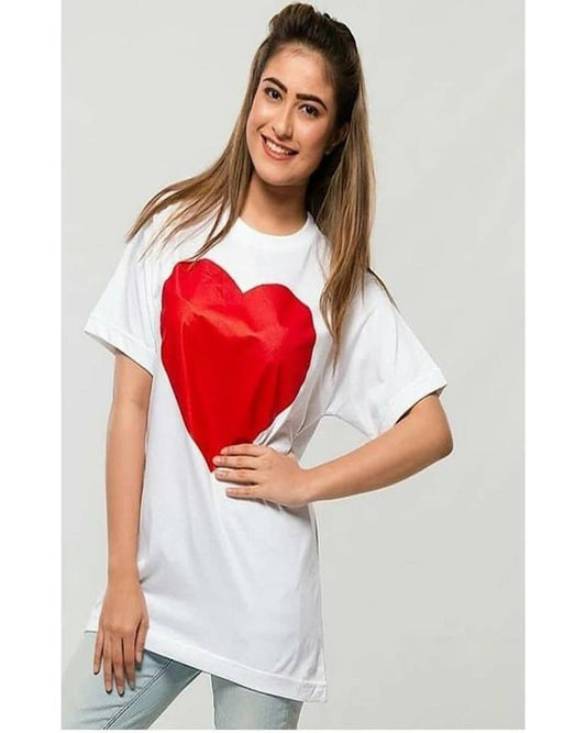 White Red Heart Cotton Printed T-Shirt For Women