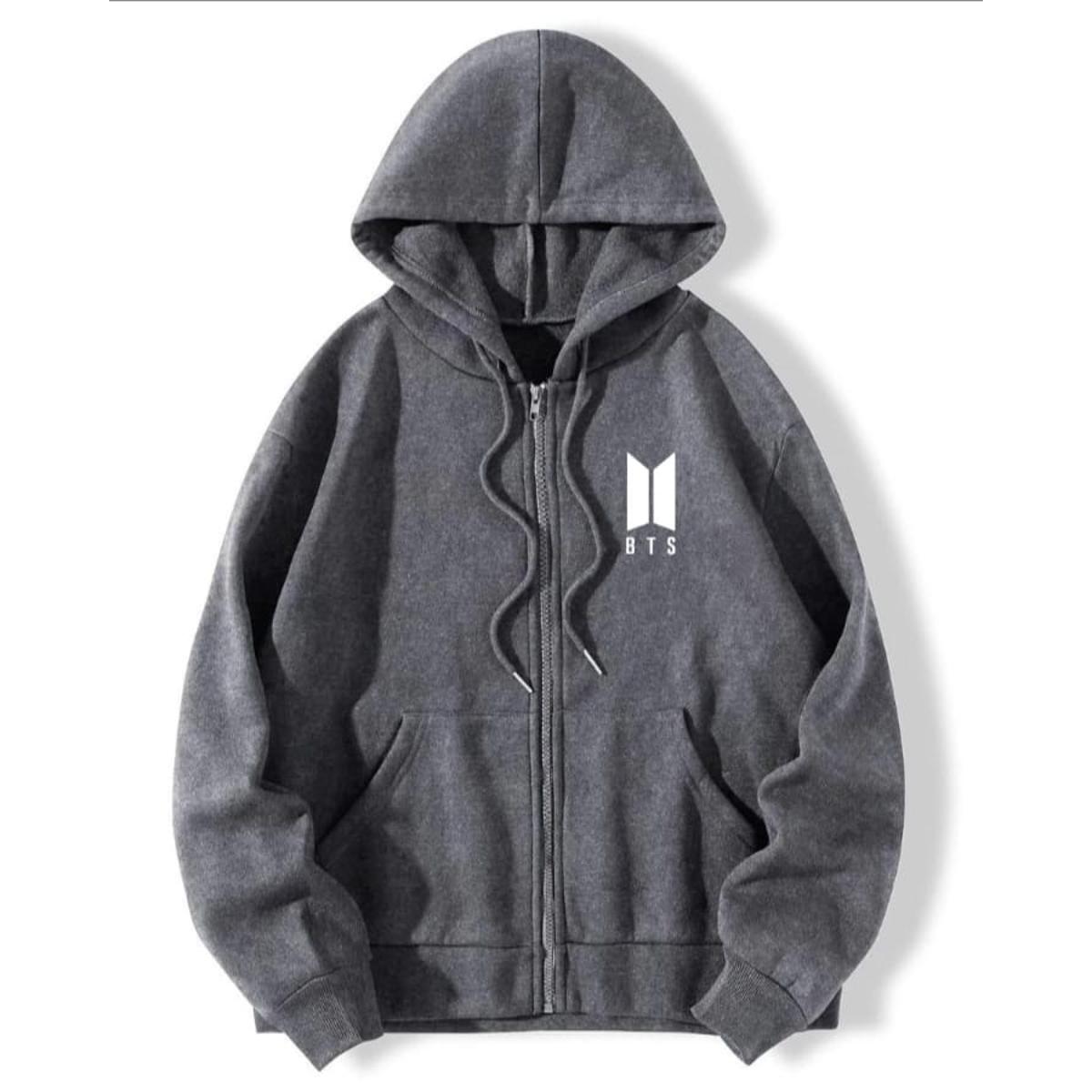 Charcoal BTS Fleece Full Sleeves Zipper Hoodie For Women - DENIMS - Hoodies & Sweatshirts - 