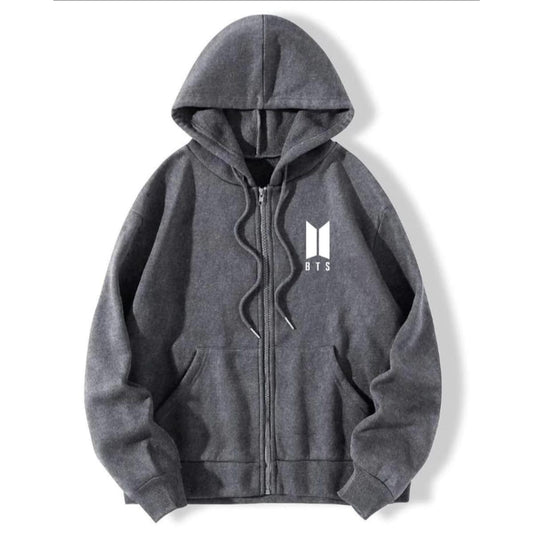 Charcoal BTS Fleece Full Sleeves Zipper Hoodie For Women - DENIMS - Hoodies & Sweatshirts - 
