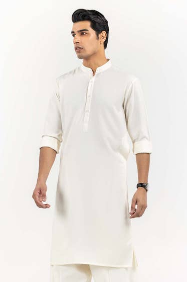 Cream Basic Shalwar Kameez - DENIMS - Shalwar Kameez - 