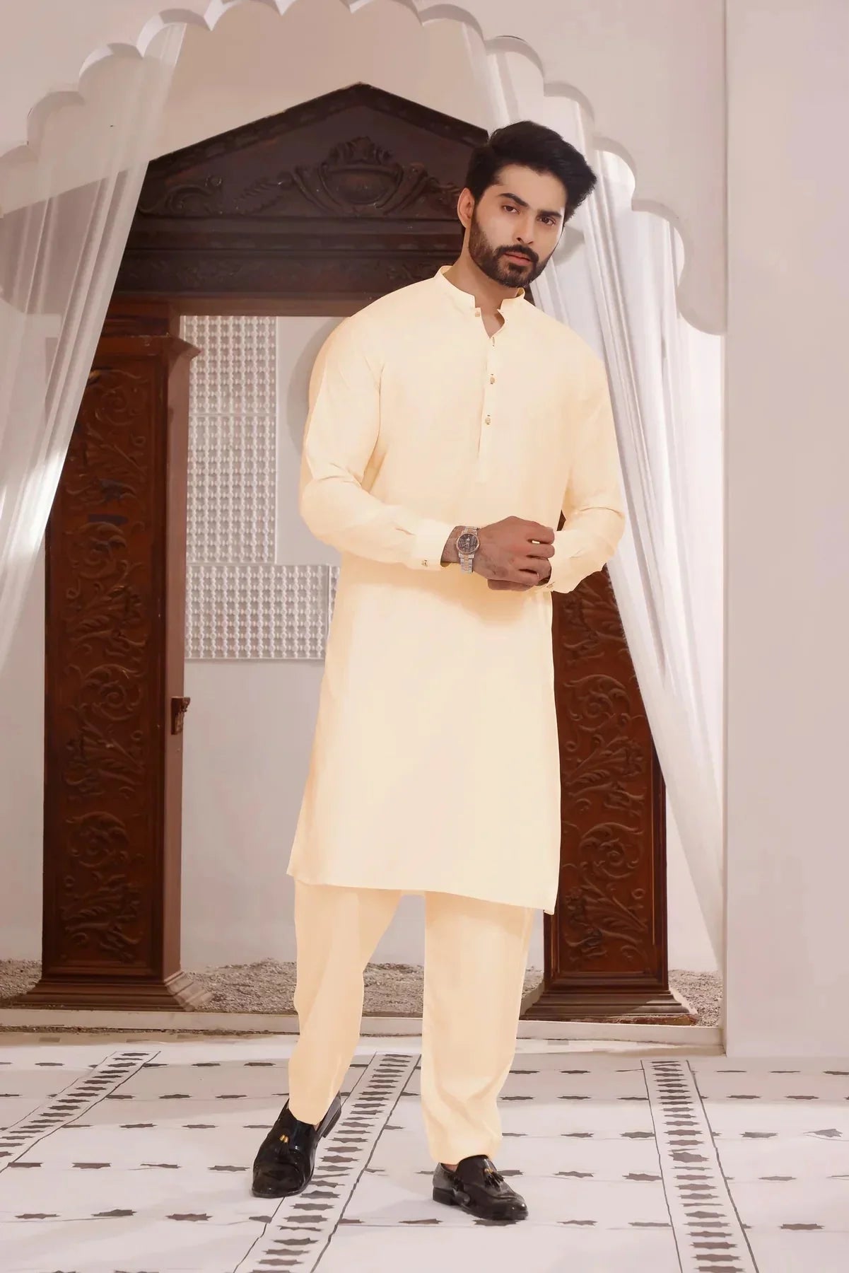Cream Coconut Butter: Refined Shalwar Kameez - DENIMS - Shalwar Kameez - 