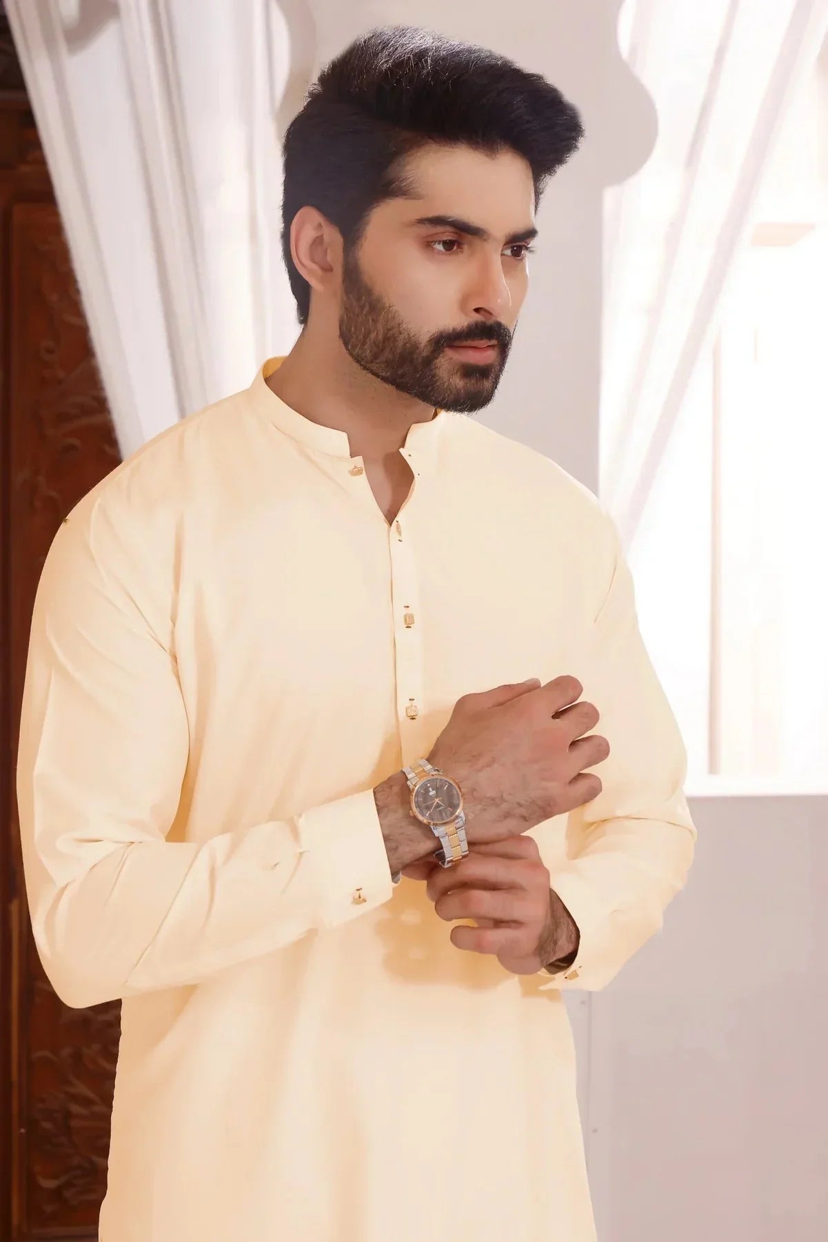 Cream Coconut Butter: Refined Shalwar Kameez - DENIMS - Shalwar Kameez - 