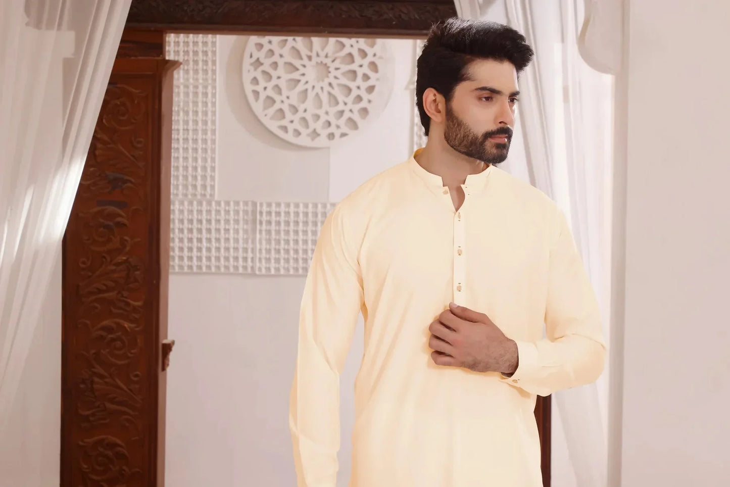 Cream Coconut Butter: Refined Shalwar Kameez - DENIMS - Shalwar Kameez - 