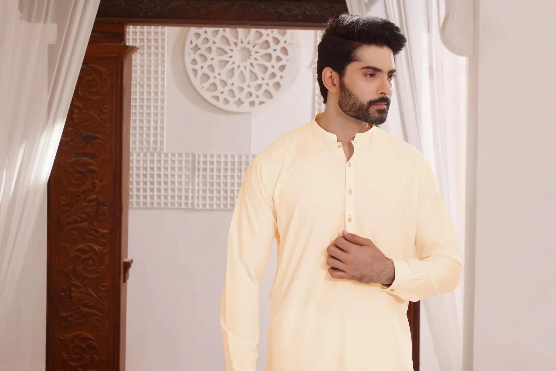 Cream Coconut Butter: Refined Shalwar Kameez - DENIMS - Shalwar Kameez - 