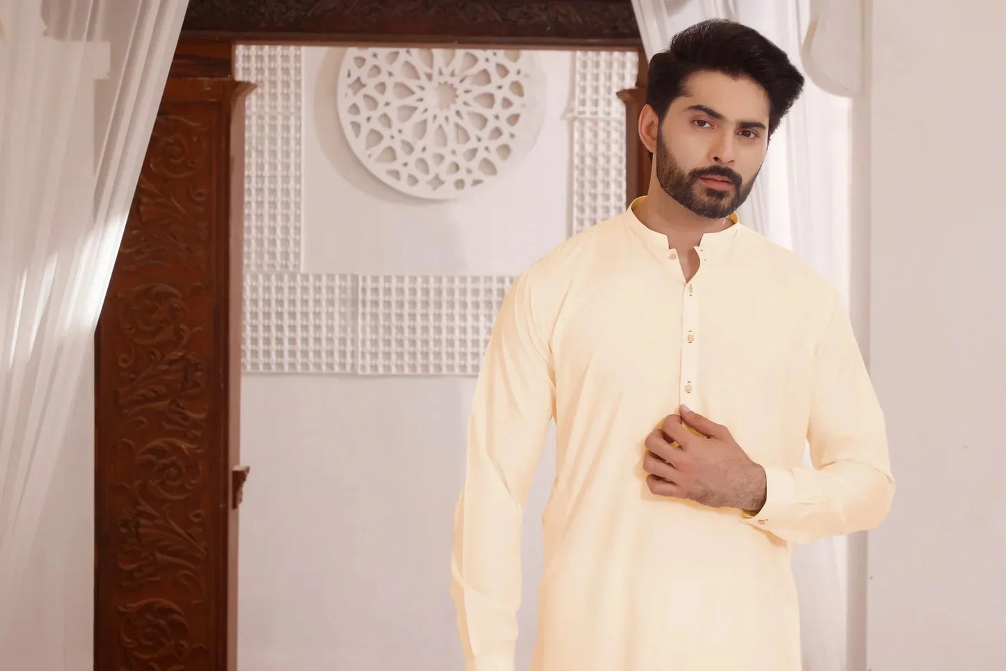 Cream Coconut Butter: Refined Shalwar Kameez - DENIMS - Shalwar Kameez - 