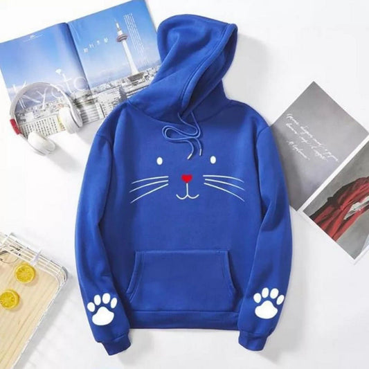 Cute Cat Pow Sleeve Print Fleece Full Sleeves Pull Over Hoodie For Women - DENIMS - Hoodies & Sweatshirts - 