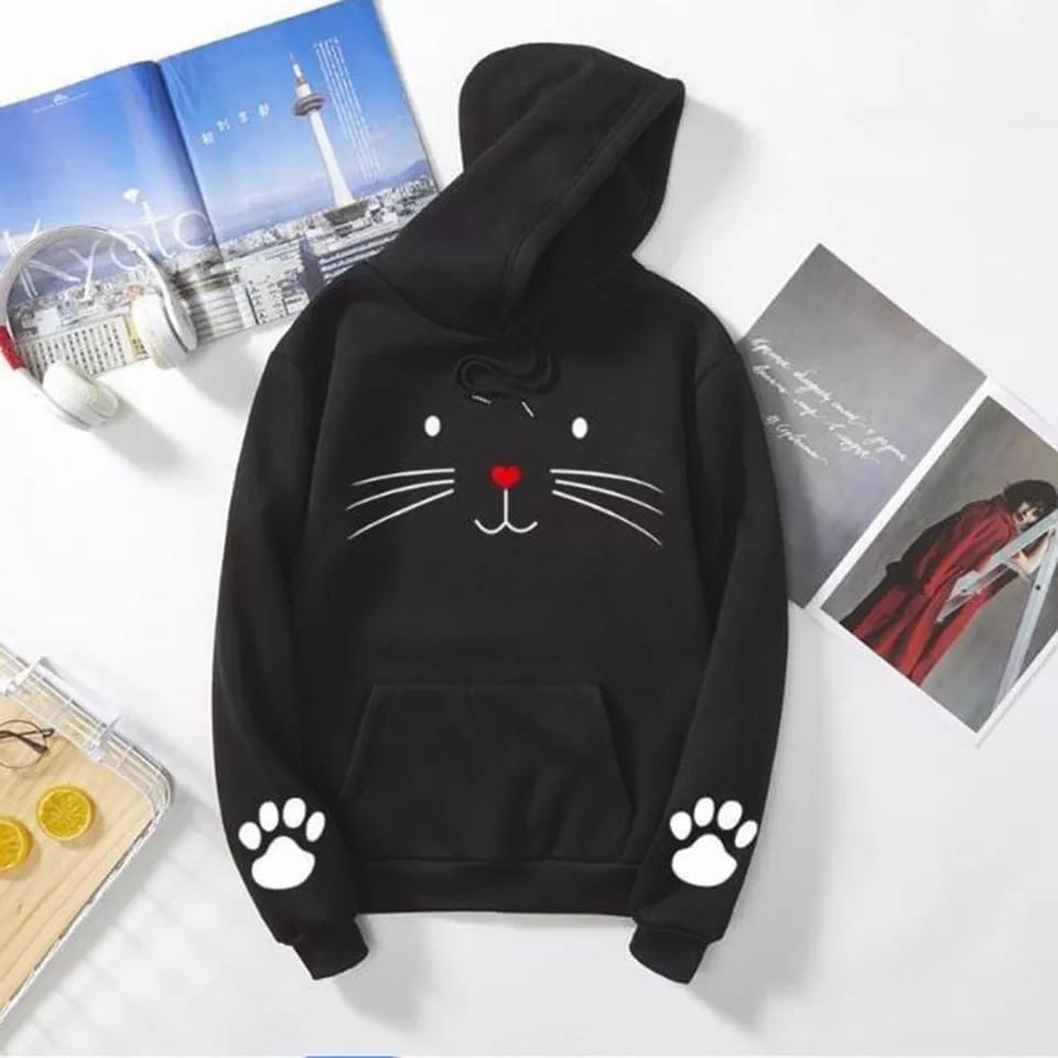 Cute Cat Pow Sleeve Print Fleece Full Sleeves Pull Over Hoodie For Women - DENIMS - Hoodies & Sweatshirts - 