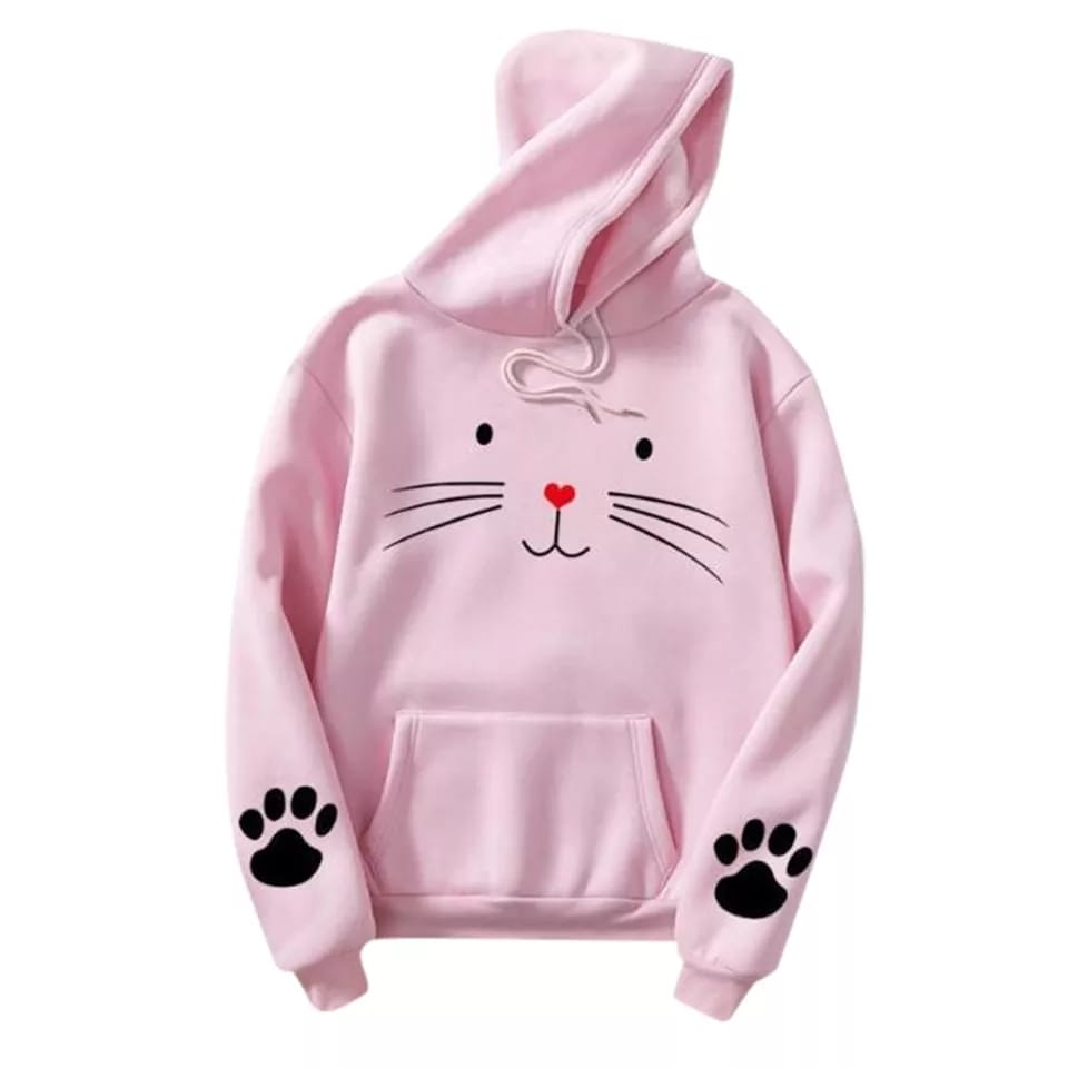 Cute Cat Pow Sleeve Print Fleece Full Sleeves Pull Over Hoodie For Women - DENIMS - Hoodies & Sweatshirts - 