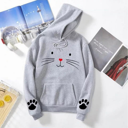 Cute Cat Pow Sleeve Print Fleece Full Sleeves Pull Over Hoodie For Women - DENIMS - Hoodies & Sweatshirts - 