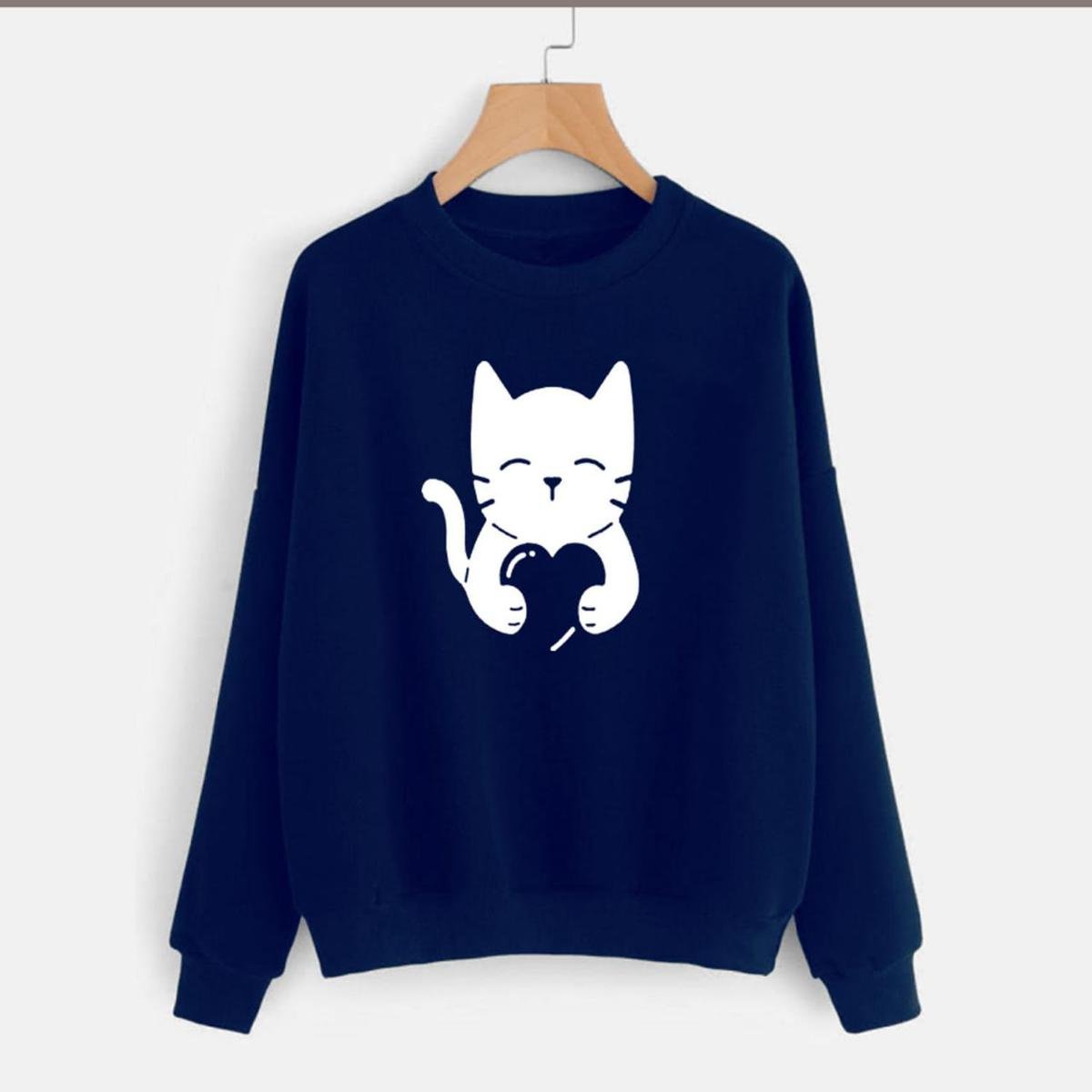 Cute Cat Printed Fleece Full Sleeves Pull Over Sweatshirt For Women - DENIMS - Hoodies & Sweatshirts - 