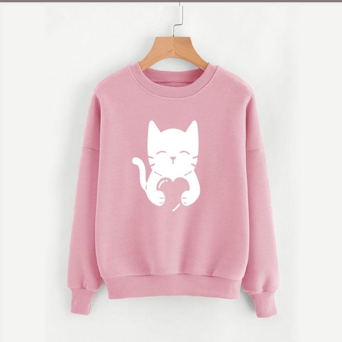 Cute Cat Printed Fleece Full Sleeves Pull Over Sweatshirt For Women - DENIMS - Hoodies & Sweatshirts - 