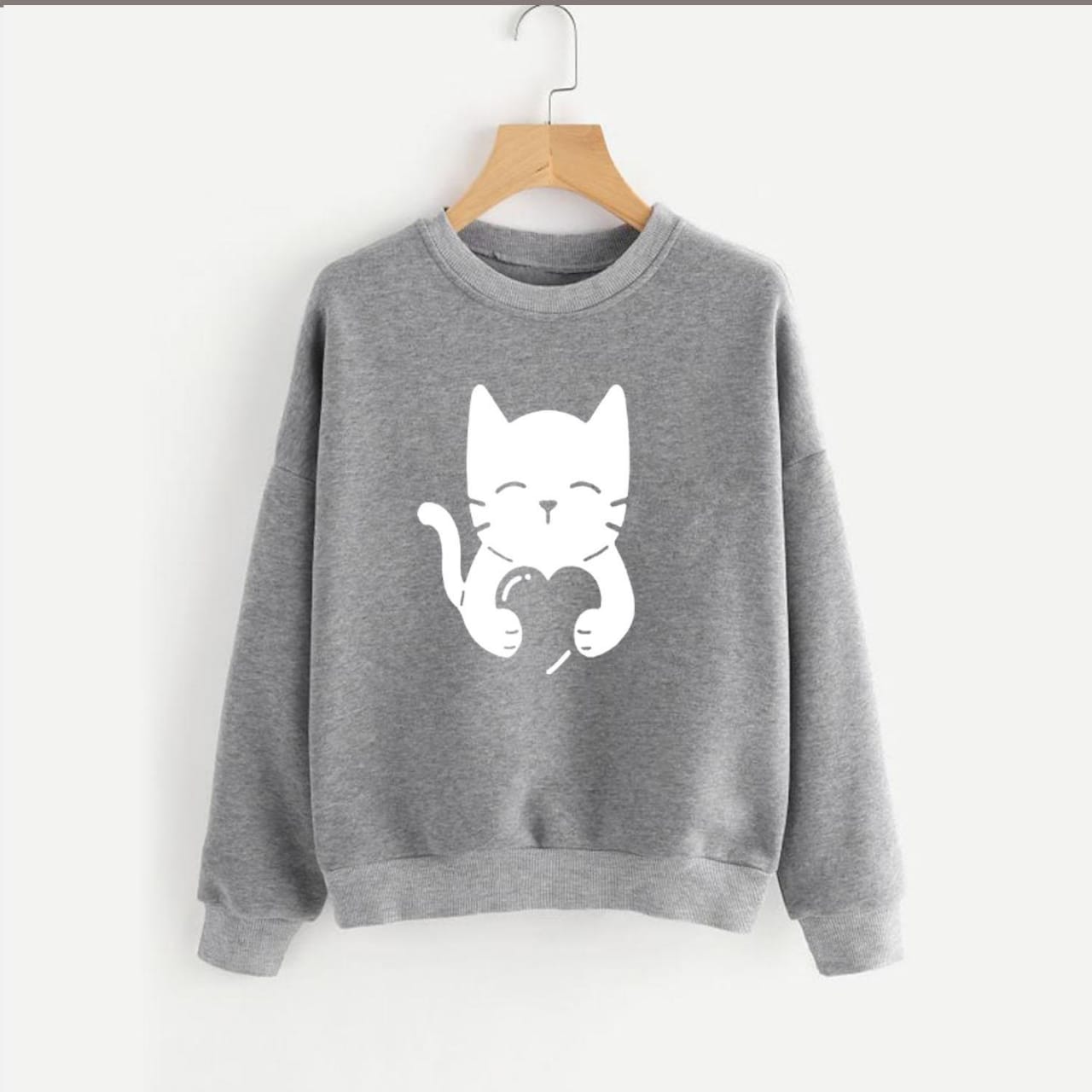 Cute Cat Printed Fleece Full Sleeves Pull Over Sweatshirt For Women - DENIMS - Hoodies & Sweatshirts - 