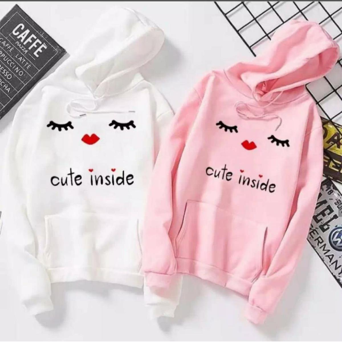 Cute Inside Printed Fleece Full Sleeves Pull Over Hoodie For Women - DENIMS - Hoodies & Sweatshirts - 