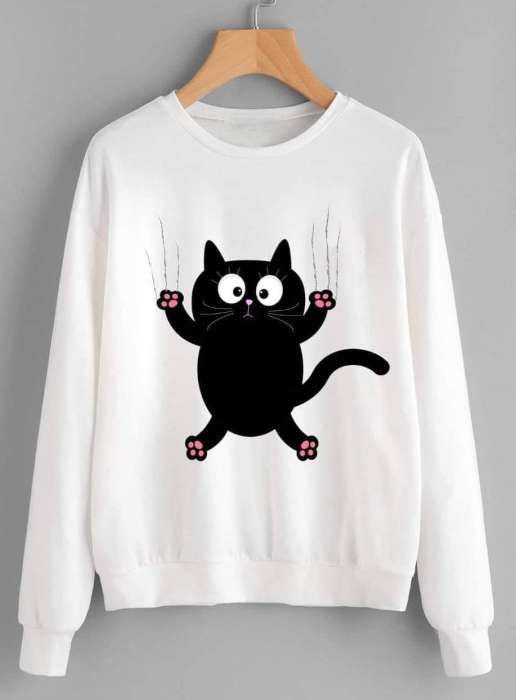 White Cat Printed Sweatshirt For Woman