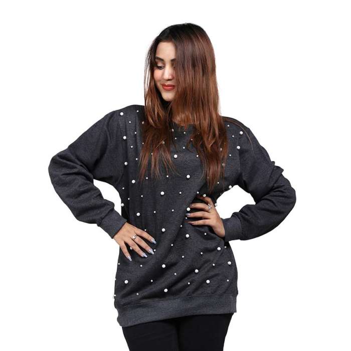 Dark Grey Pearl Embellished Sweatshirt For Women - DENIMS - Hoodies & Sweatshirts - 