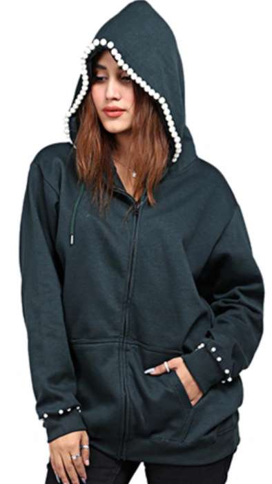 Deep Green Pearl Embellished Hoodie For Women - DENIMS - Hoodies & Sweatshirts - 