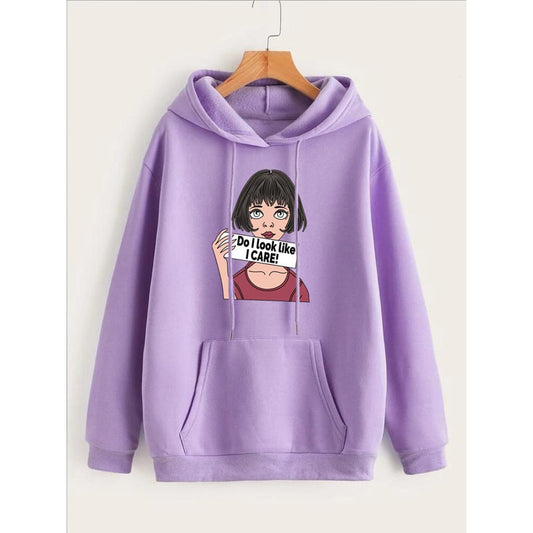 DO I Look Like I Care Anime Aesthetic Printed Fleece Full Sleeves Pull Over Hoodie For Women - DENIMS - Hoodies & Sweatshirts - 