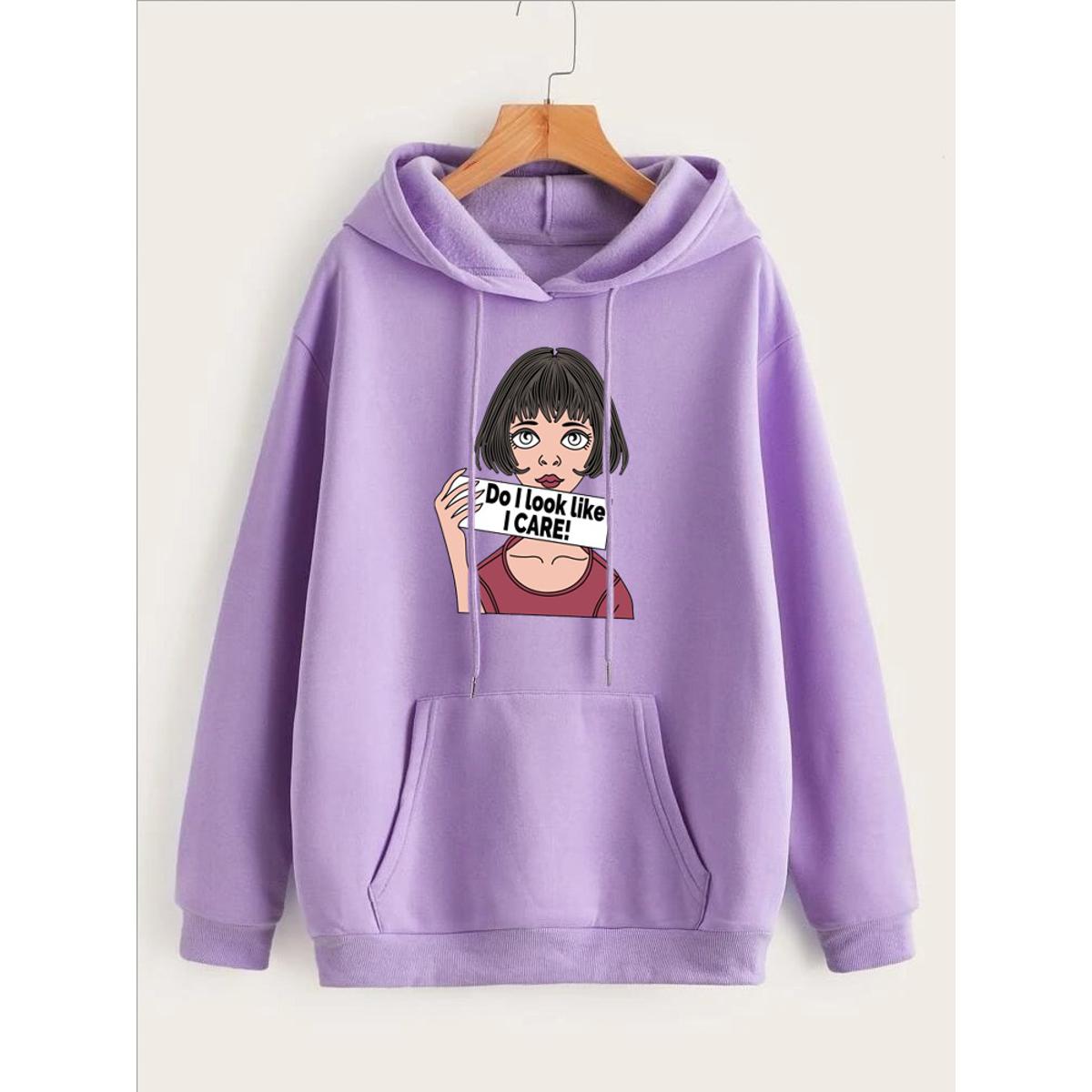 DO I Look Like I Care Anime Aesthetic Printed Fleece Full Sleeves Pull Over Hoodie For Women - DENIMS - Hoodies & Sweatshirts - 