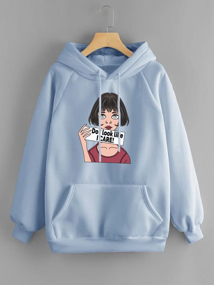 DO I Look Like I Care Anime Aesthetic Printed Fleece Full Sleeves Pull Over Hoodie For Women - DENIMS - Hoodies & Sweatshirts - 
