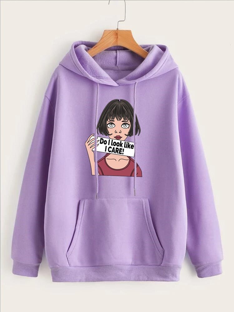 DO I Look Like I Care Anime Aesthetic Printed Fleece Full Sleeves Pull Over Hoodie For Women - DENIMS - Hoodies & Sweatshirts - 