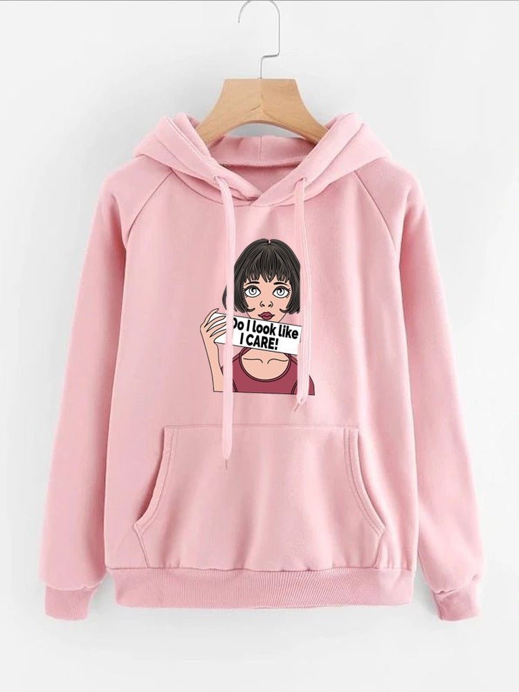 DO I Look Like I Care Anime Aesthetic Printed Fleece Full Sleeves Pull Over Hoodie For Women - DENIMS - Hoodies & Sweatshirts - 