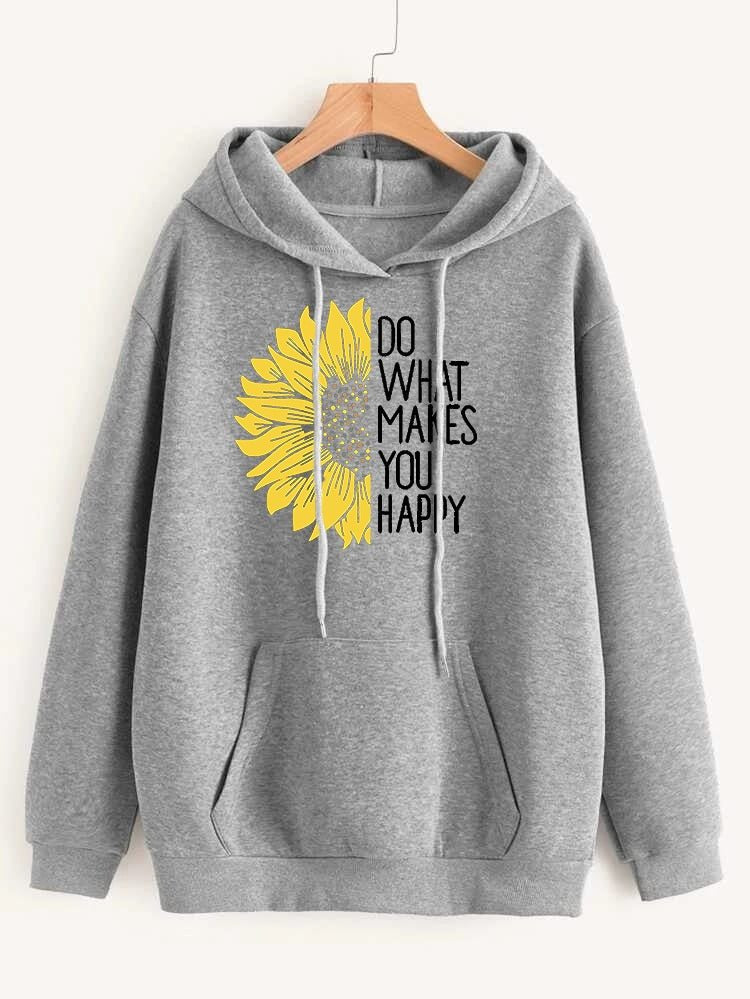 Do WHat Makes You Happy Printed Fleece Full Sleeves Pull Over Hoodie For Women - DENIMS - Hoodies & Sweatshirts - 