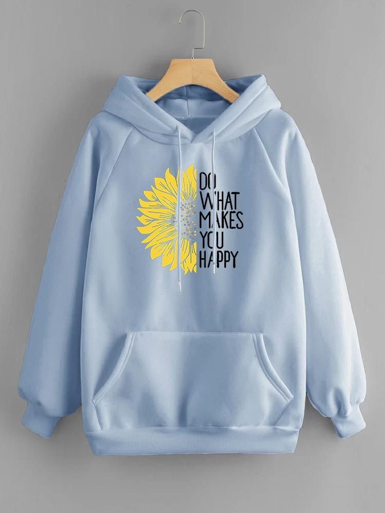 Do WHat Makes You Happy Printed Fleece Full Sleeves Pull Over Hoodie For Women - DENIMS - Hoodies & Sweatshirts - 
