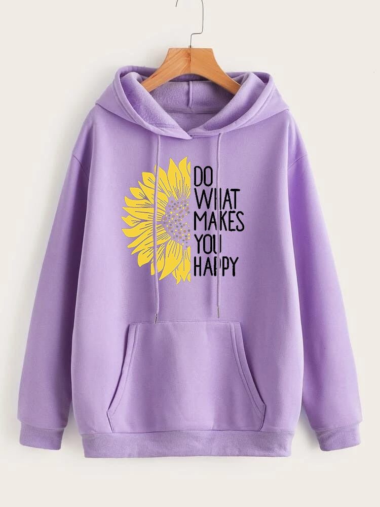 Do WHat Makes You Happy Printed Fleece Full Sleeves Pull Over Hoodie For Women - DENIMS - Hoodies & Sweatshirts - 