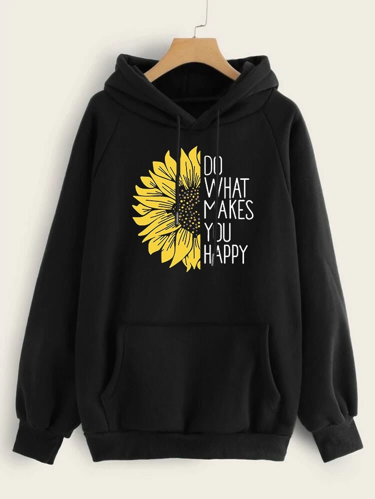 Do WHat Makes You Happy Printed Fleece Full Sleeves Pull Over Hoodie For Women - DENIMS - Hoodies & Sweatshirts - 