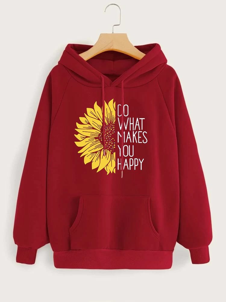 Do WHat Makes You Happy Printed Fleece Full Sleeves Pull Over Hoodie For Women - DENIMS - Hoodies & Sweatshirts - 