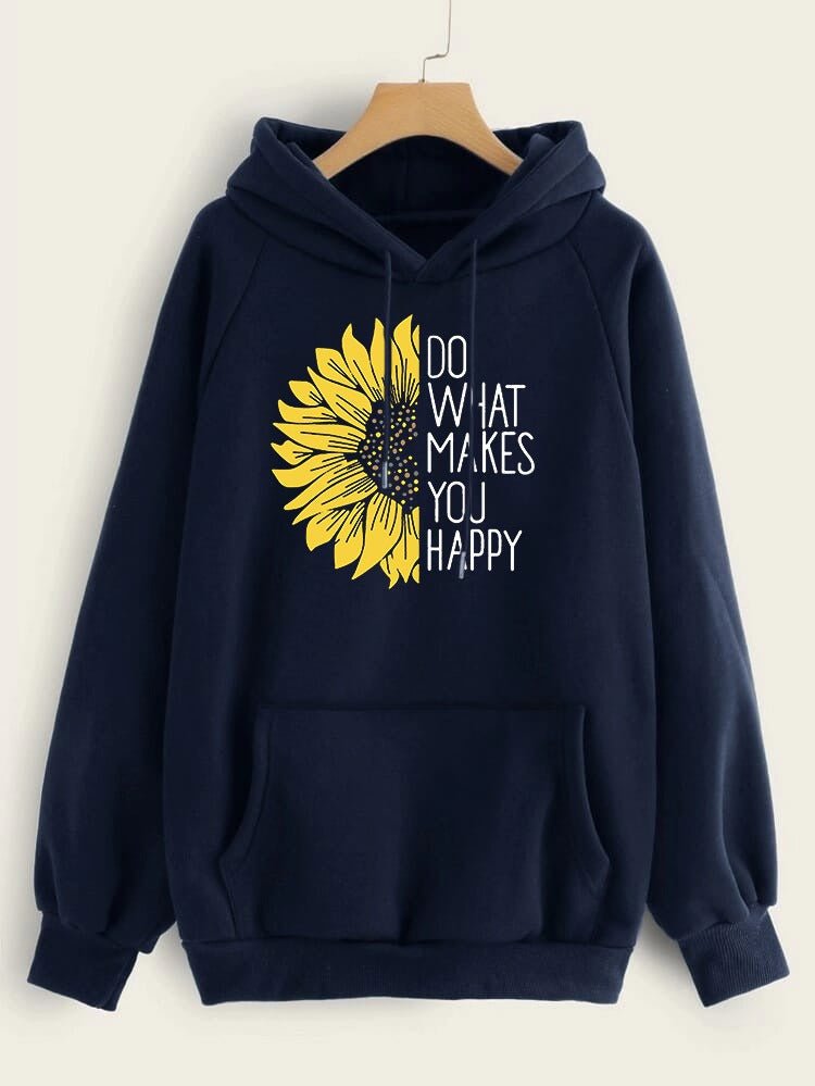 Do WHat Makes You Happy Printed Fleece Full Sleeves Pull Over Hoodie For Women - DENIMS - Hoodies & Sweatshirts - 