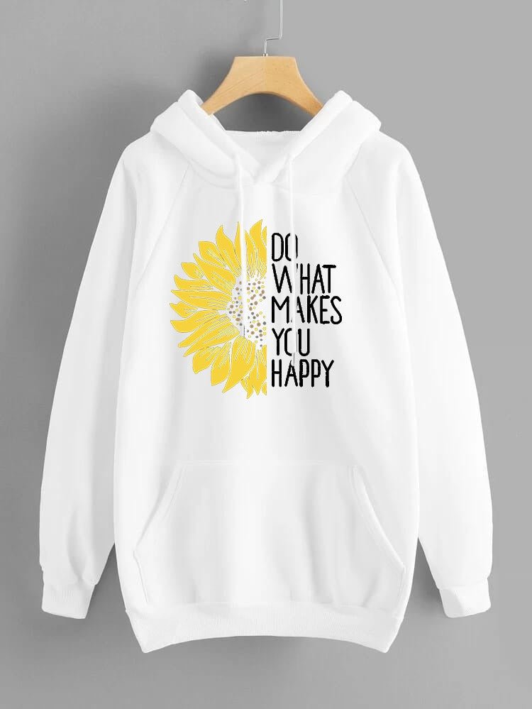 Do WHat Makes You Happy Printed Fleece Full Sleeves Pull Over Hoodie For Women - DENIMS - Hoodies & Sweatshirts - 