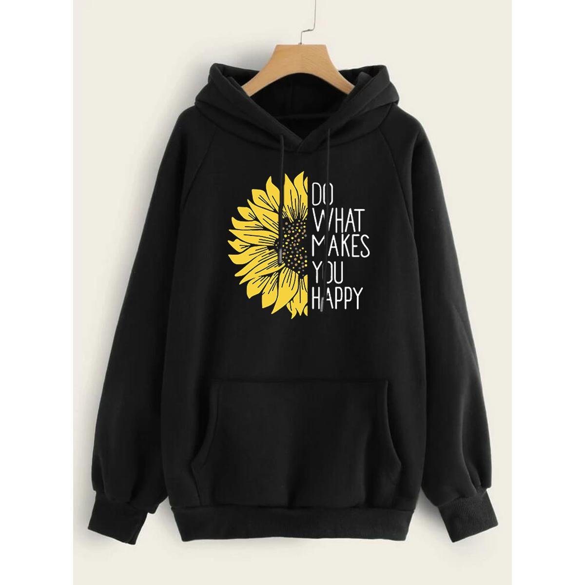 Do WHat Makes You Happy Printed Fleece Full Sleeves Pull Over Hoodie For Women - DENIMS - Hoodies & Sweatshirts - 