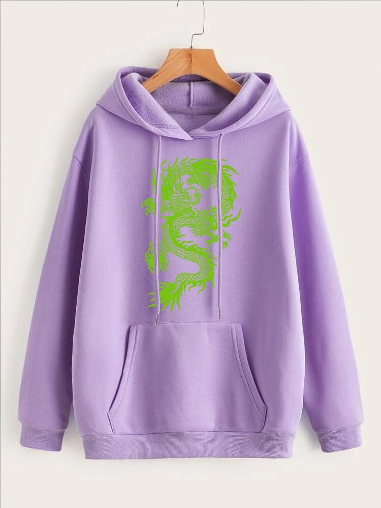 Dragon Printed Fleece Full Sleeves Pull Over Hoodie For Women - DENIMS - Hoodies & Sweatshirts - 
