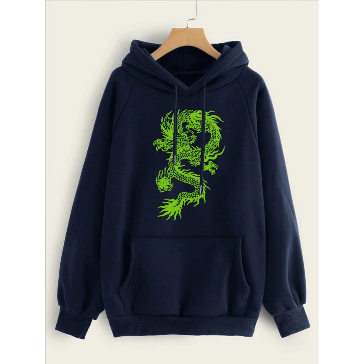 Dragon Printed Fleece Full Sleeves Pull Over Hoodie For Women - DENIMS - Hoodies & Sweatshirts - 
