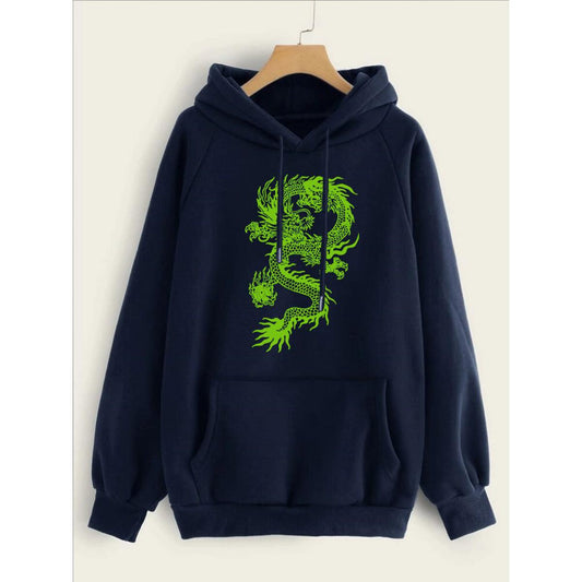 Dragon Printed Fleece Full Sleeves Pull Over Hoodie For Women - DENIMS - Hoodies & Sweatshirts - 