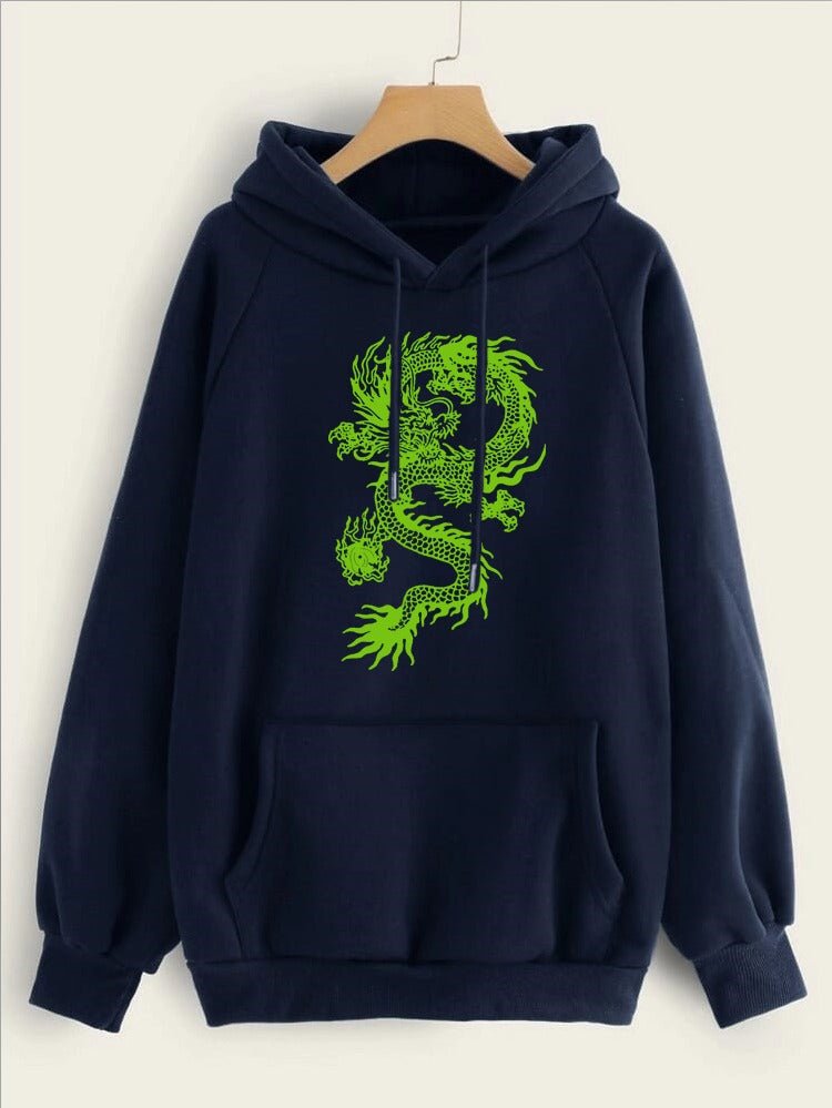 Dragon Printed Fleece Full Sleeves Pull Over Hoodie For Women - DENIMS - Hoodies & Sweatshirts - 